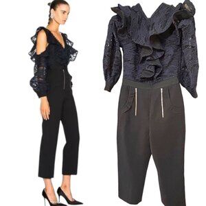 SELF PORTRAIT NAVY LACE COLD SHOULDER BLACK JUMPSUIT SIZE 6 EUC